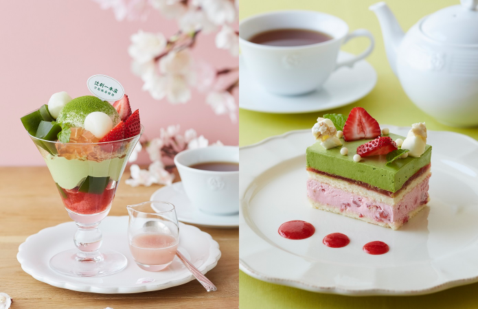 宇治抹茶と苺のパフェ 桜あんソース添え/ 宇治抹茶と苺のショートケーキ