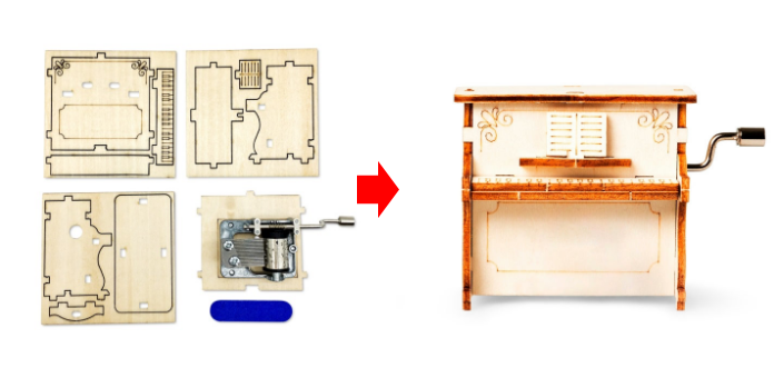 DIYオルゴール（組み立て前）/ 矢印マーク/ DIYオルゴール（組み立て後）