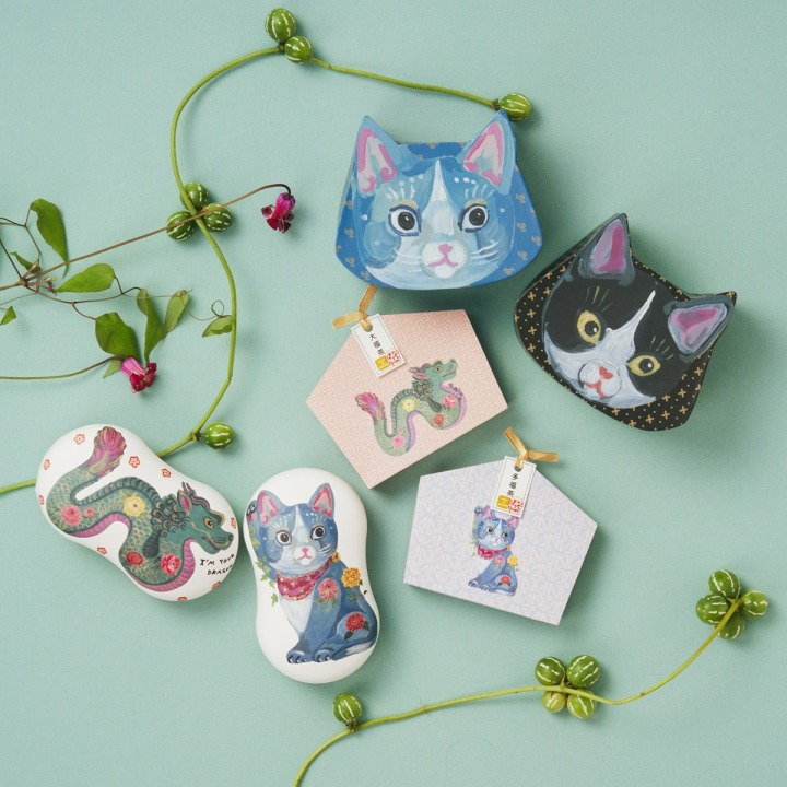 商品イメージ（繭玉ボックス・絵馬型福茶・猫型ボックス