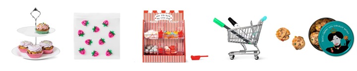ケーキプレート、ランチバッグ、キャンディコンテナ、ショッピングカート、ボタンチョコレートクッキー