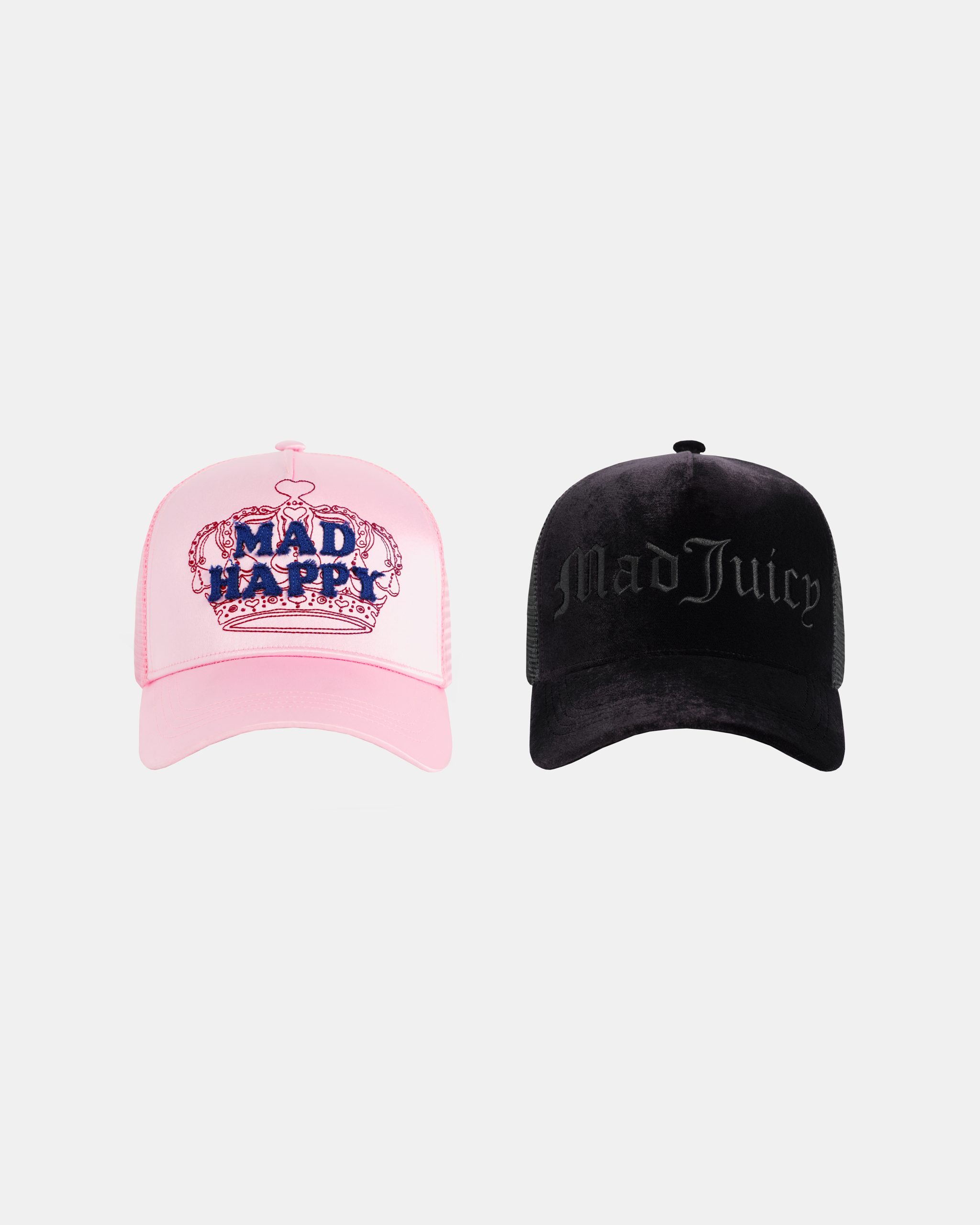Madhappy Crown Satin Trucker Hat (Color: Pink) / Mad Juicy Velour Trucker Hat (Color: Light Pink) / Price: \12,100(tax in)
