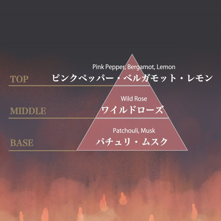 TOP：ピンクペッパー・ベルガモット・レモン、MIDDLE：ワイルドローズ、BASE：パチュリ・ムスク
