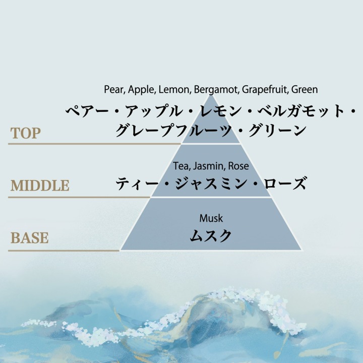 TOP：ペアー・アップル・レモン・ベルガモット・グレープフルーツ・グリーン、MIDDLE：ティー・ジャスミン・ローズ、BASE：ムスク