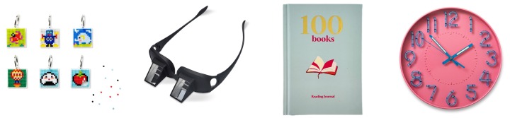 左から）DIYキーリング 8pcs 935円寝たままメガネ 1,540円読書日記 495円光る時計 2,420円