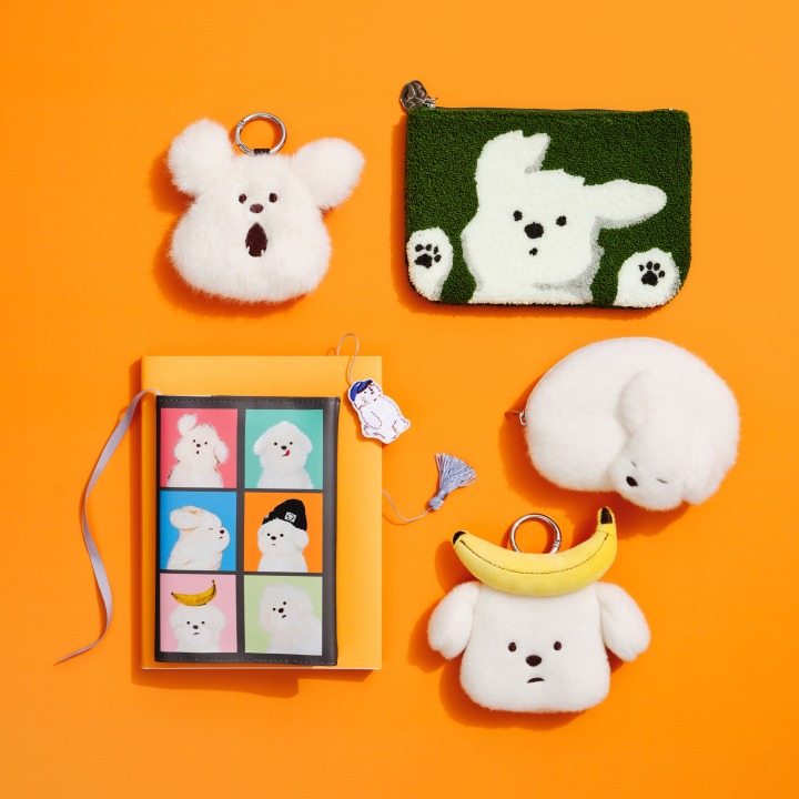 フェイスポーチチャーム(ホワイト)、フラットポーチ、ブックカバー、ブックマーカー、ぬいぐるみポーチ、フェイスポーチチャーム(バナナ)